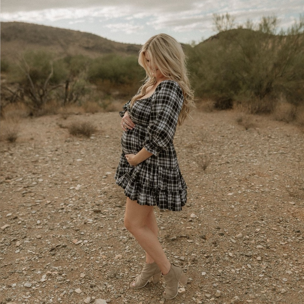 Lulus No One Cuter Black And Ivory Plaid Puff Sleeve Tiered Mini Dress - Size M